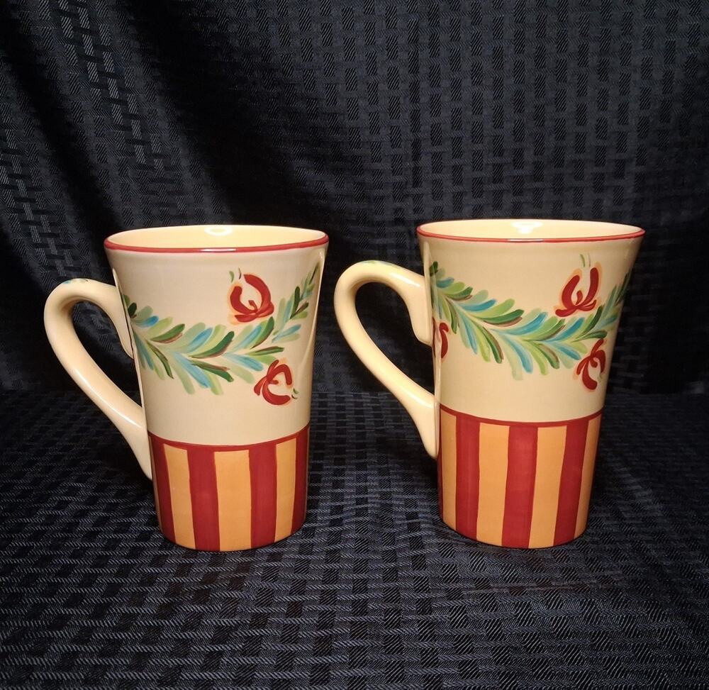 2 Gail Pittman Southern Living Siena Latte Mugs VTG 5.25" Floral Garland Stripes